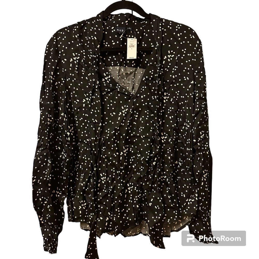 NWT Gap Black & tan/gold confetti rayon scarf blouse with front neck ties